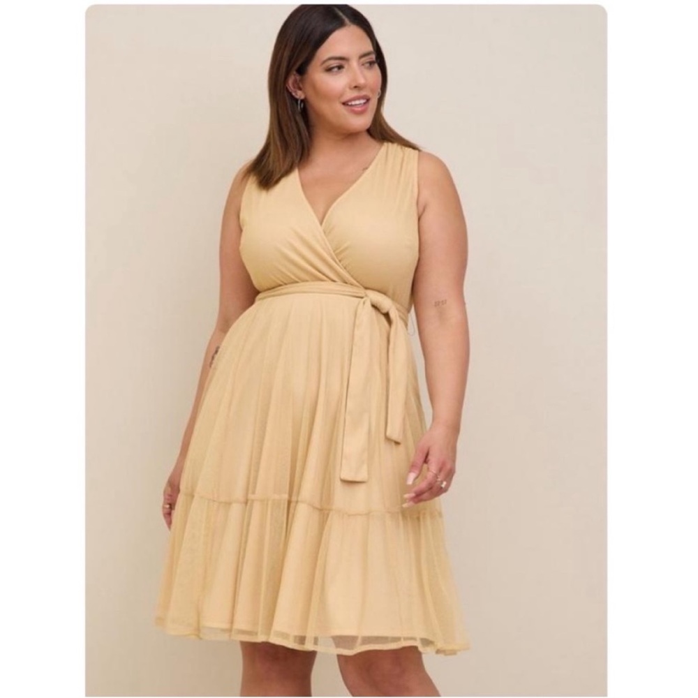 NWT TORRID At The Knee Gold Glitter Lurex Surplice Tiered Dress